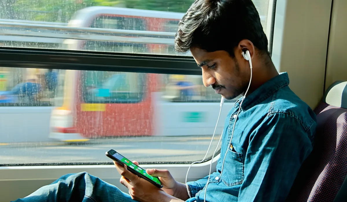 BCS aspirant studying on mobile phone with Shikho app, commuting in Dhaka