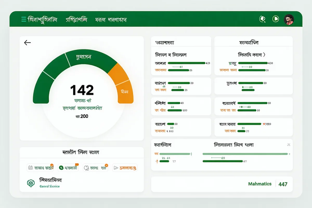 BCS mock test result screen showing subject-wise score breakdown and district rank comparison